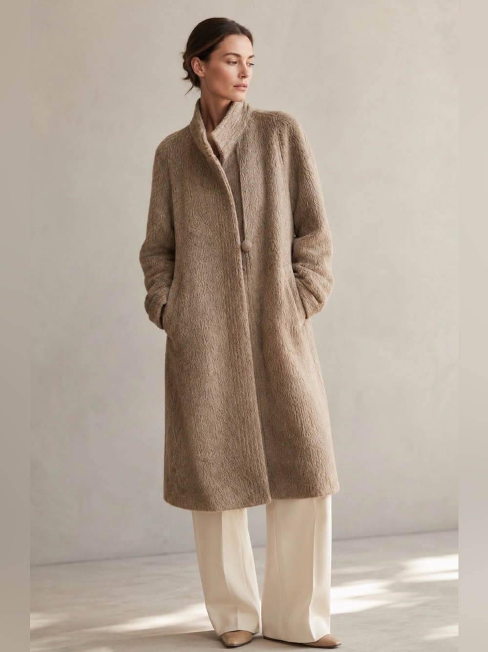 Vintage Alpaca Fur Blend Taupe Long Coat
